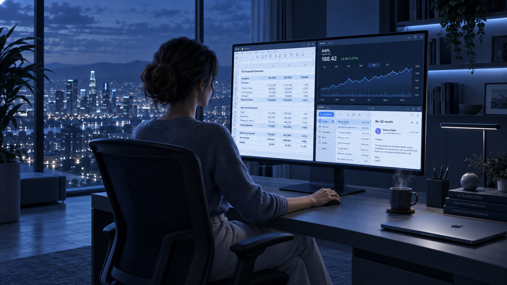 Woman at her desk overlooking the city at dusk